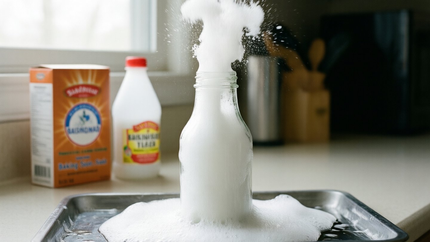Photograph of a vigorous eruption of white foam surging up out of the neck of a small glass bottle and streaming down its sides onto a metal tray, foam actively bubbling and frothi