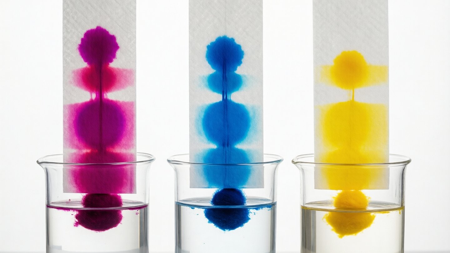 Photograph of paper chromatography in progress: three strips of white coffee filter paper hanging into clear glasses holding a shallow layer of water, each strip showing a felt-tip