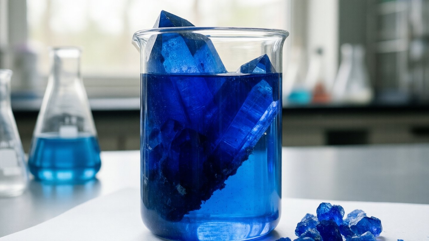 Macro photograph of large deep-blue triclinic copper sulfate crystals grown in a clear glass beaker of blue solution, standing on a chemistry lab bench; a few loose blue crystals o