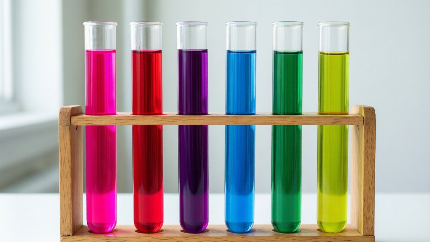 Photograph of six identical clear glass test tubes in a wooden rack on a white lab bench, each filled with red cabbage indicator solution at a different pH so the colours run left 