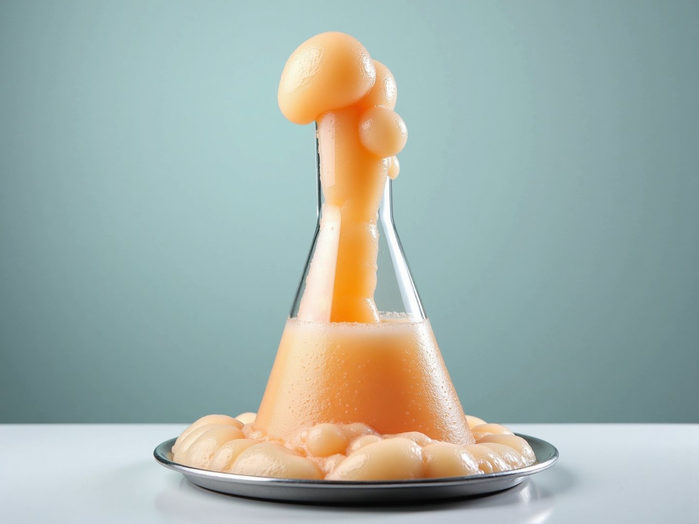 Photograph of a chemistry demonstration in progress: a thick column of dense pale orange foam erupting upward out of the narrow neck of a 250 ml glass conical Erlenmeyer flask, the