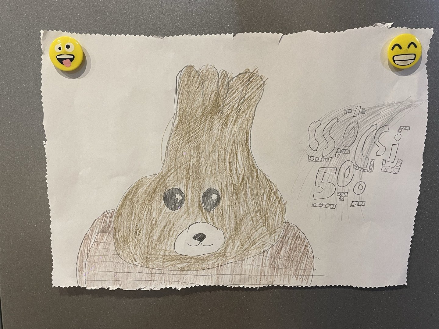 Ati's original pencil drawing of the Csócsi 500 character: a brown, teddy-like figure with a tuft on top, captioned "CSOCSI 500"